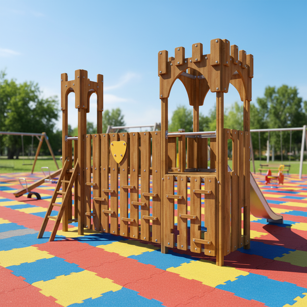 Деревянная крепость с горкой из нержавейки