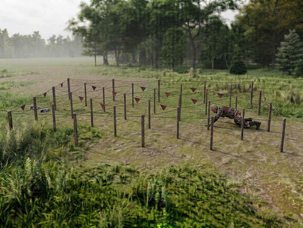 Колючая проволока на высоких кольях - элемент полосы препятствий Разведчик