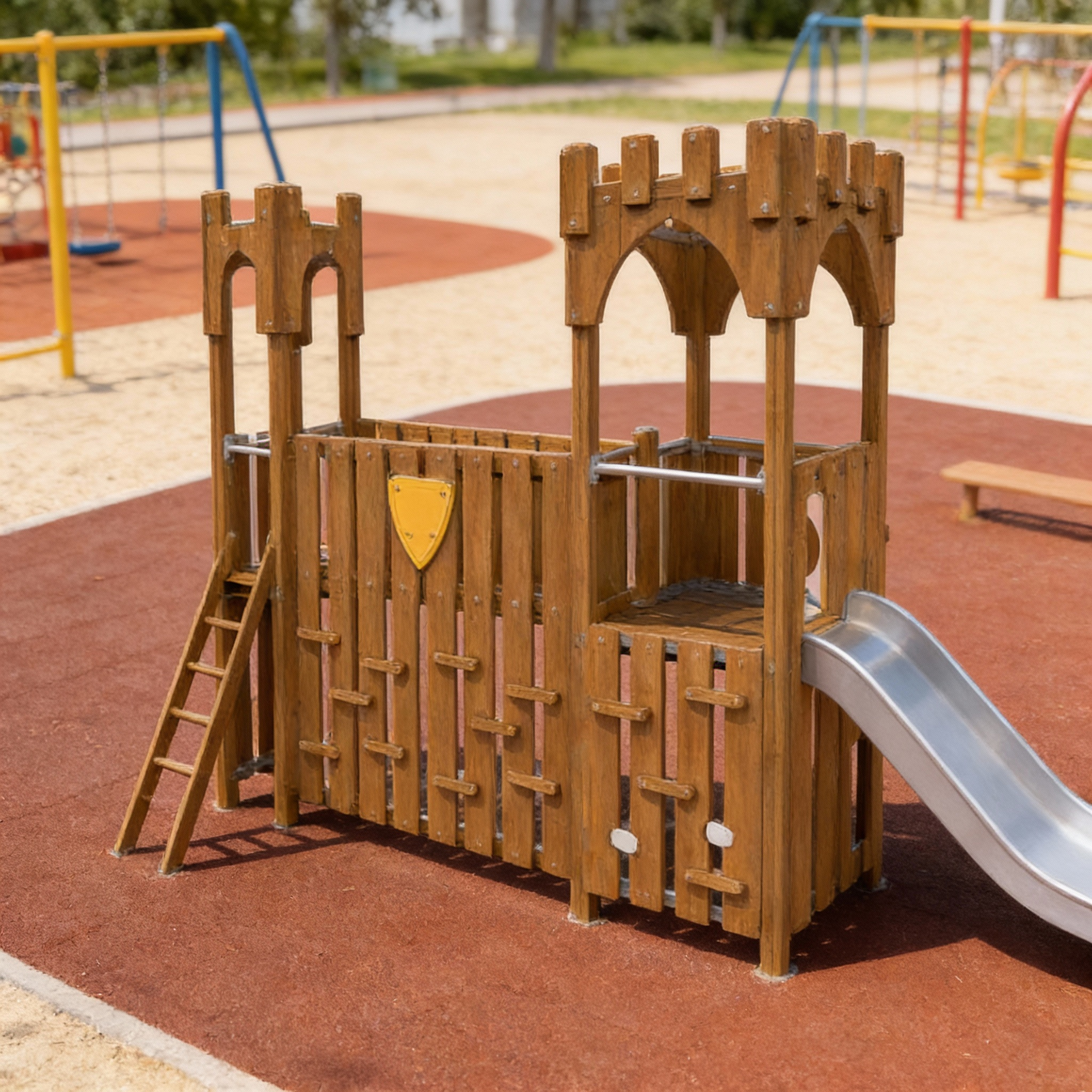 Деревянная крепость с горкой из нержавейки