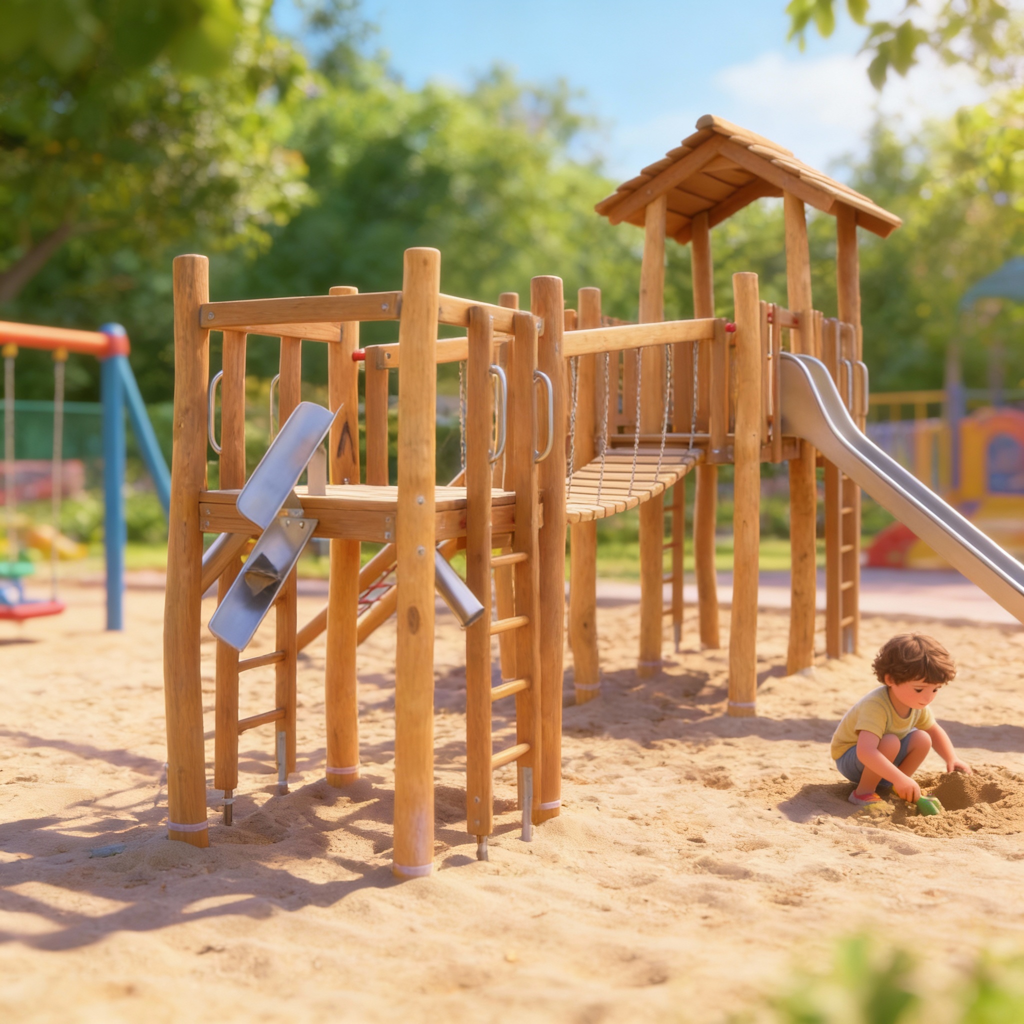 Деревянный городок для игр с песком и горкой из нержавейки