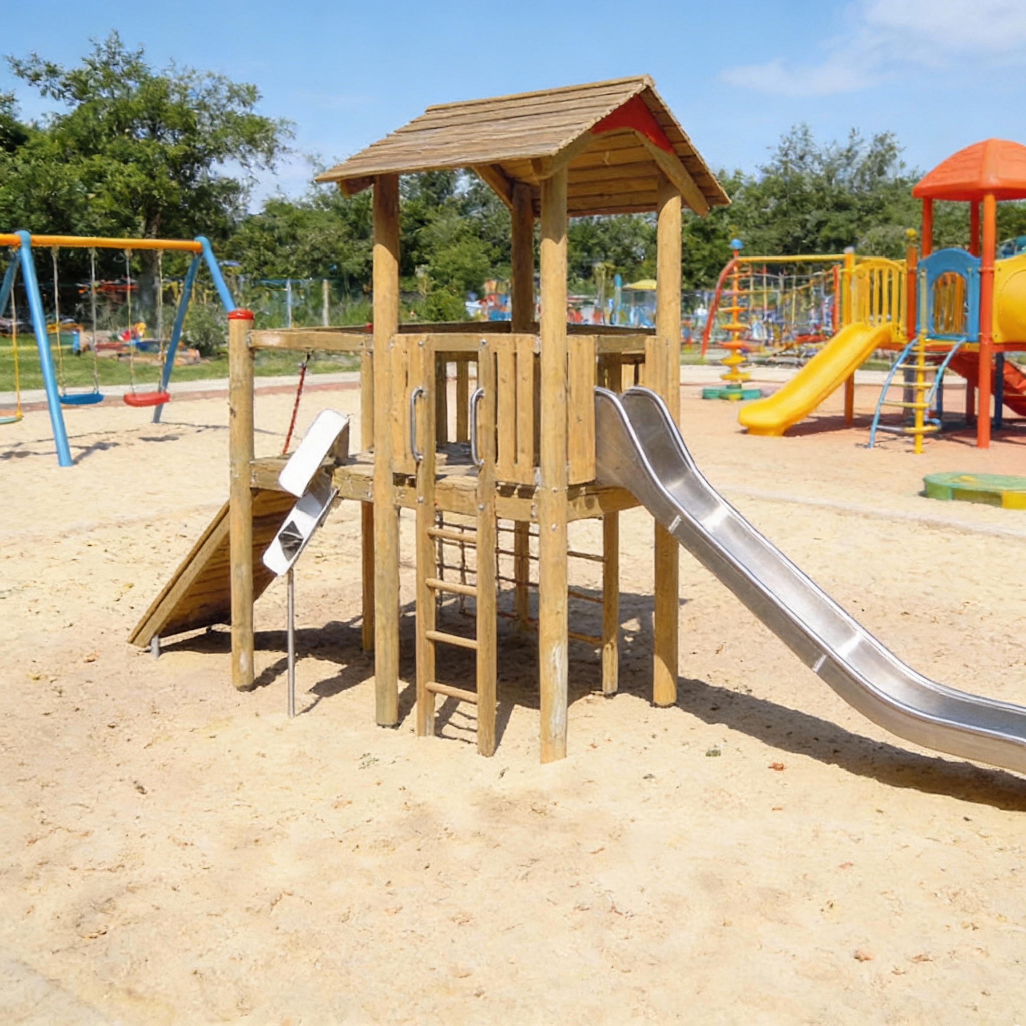Детская площадка для игр с песком и горкой из нержавейки