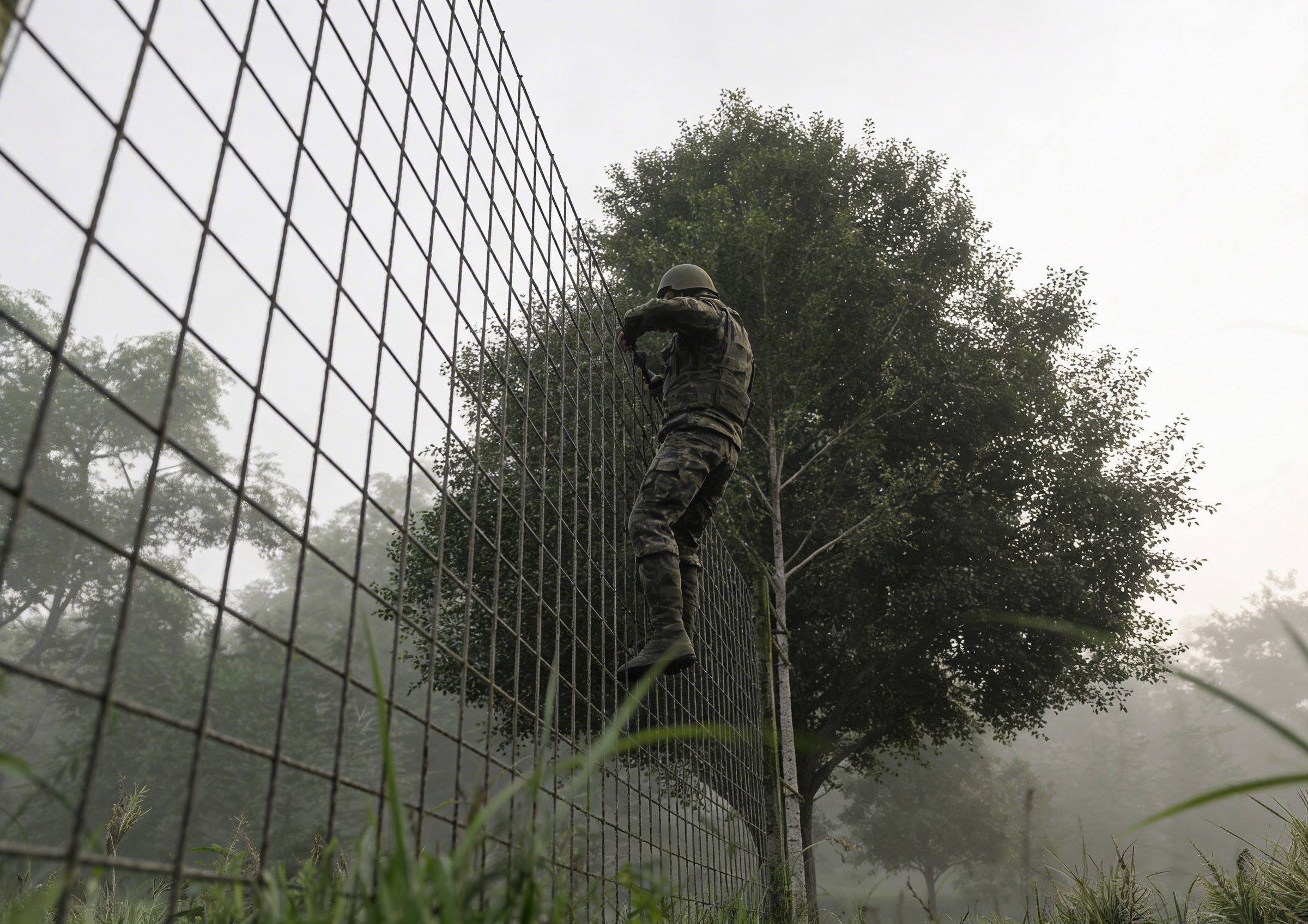 Сетка между деревьями - элемент полосы препятствий Разведчик