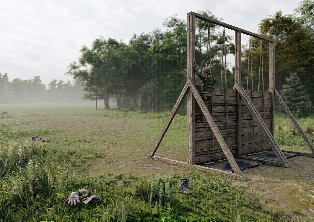 Вертикальная стена с канатами - элемент полосы препятствий Разведчик