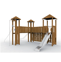 Детский деревянный городок с тремя башнями и горкой из нержавейки